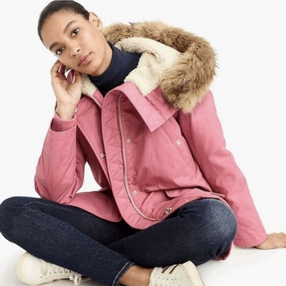 J.Crew Perfect Winter Park Primaloft® Small Berry Pink Detachable Fur Hood Zip - Picture 1 of 16